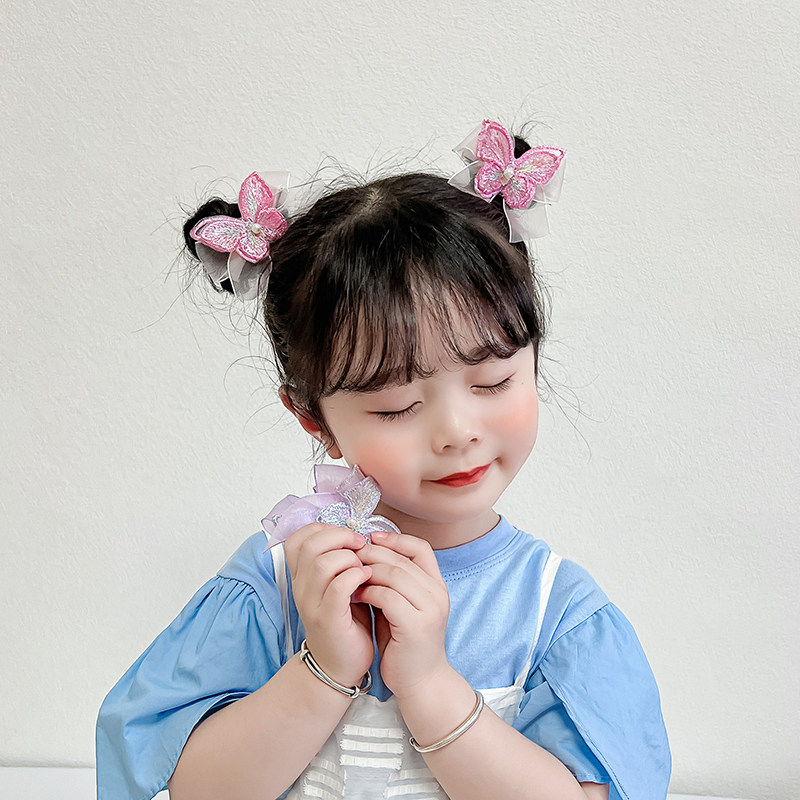 超仙粉色刺绣蝴蝶发夹超萌可爱儿童古风汉服头饰女女童网纱发卡
