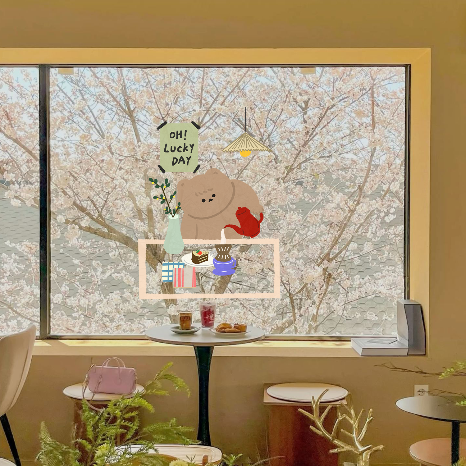 添福小熊咖啡玻璃静电贴无胶无痕