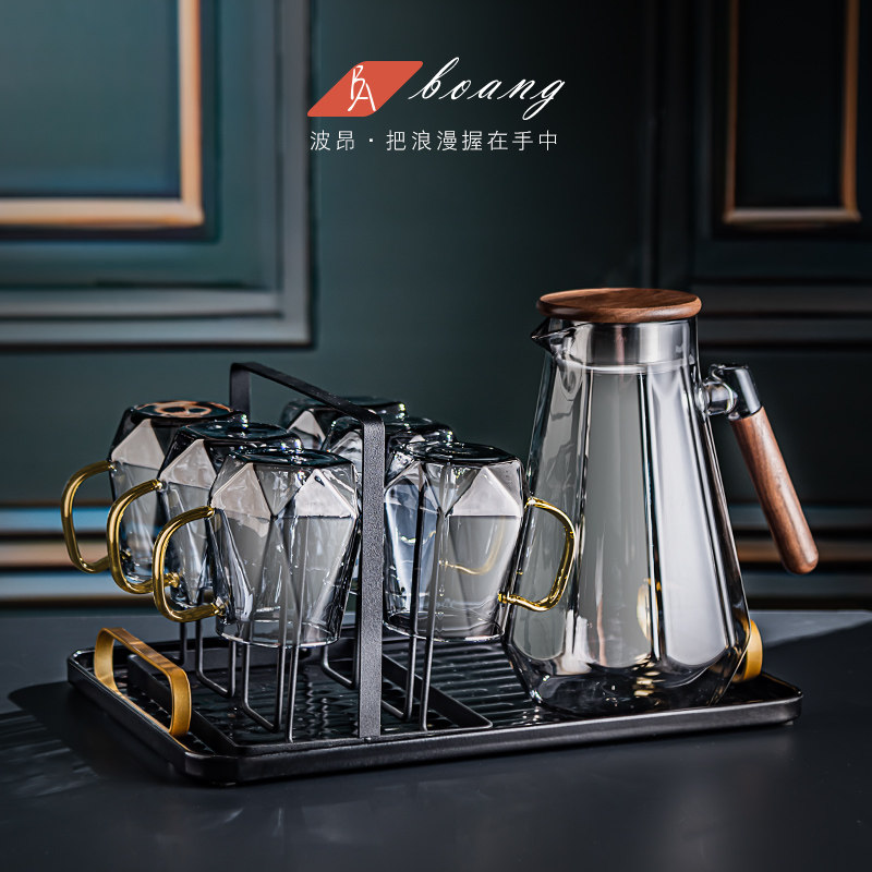 胡桃木冷水壶玻璃耐高温家用凉A茶白开水杯客厅装凉水壶冷泡杯扎