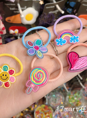 韩国bebeprince儿童发饰彩色手绘爱心亚克力宝宝发绳糖果女宝发圈