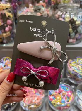 6.29韩国bebeprince儿童发饰金属色珍珠蝴蝶结发夹边夹
