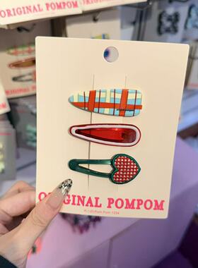 3.4韩国pom新款2026儿童彩色手绘格纹爱心边夹发夹