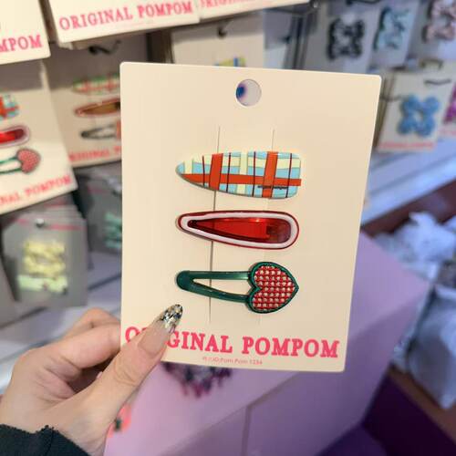 3.4韩国pom新款2026儿童彩色手绘格纹爱心边夹发夹