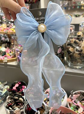 韩国东大门bebeprince儿童丝光网纱蝴蝶结飘带边夹发夹