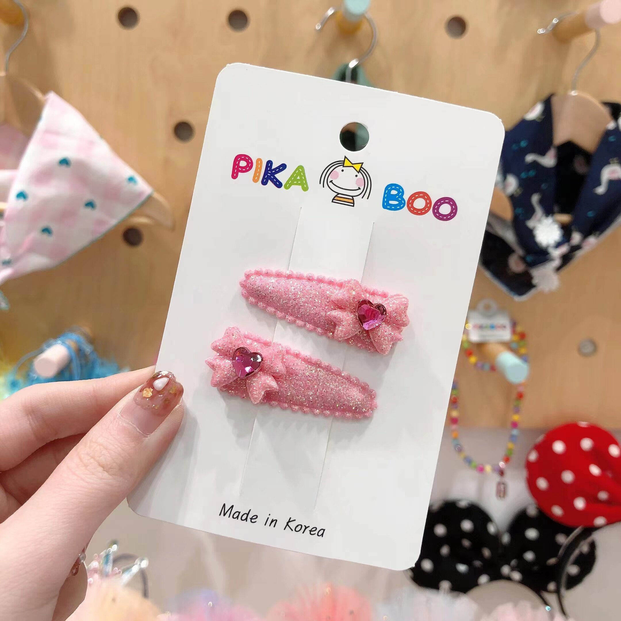 7韩国代购pikaboo儿童女宝可爱细闪爱心水钻蝴蝶结bb发夹刘海夹