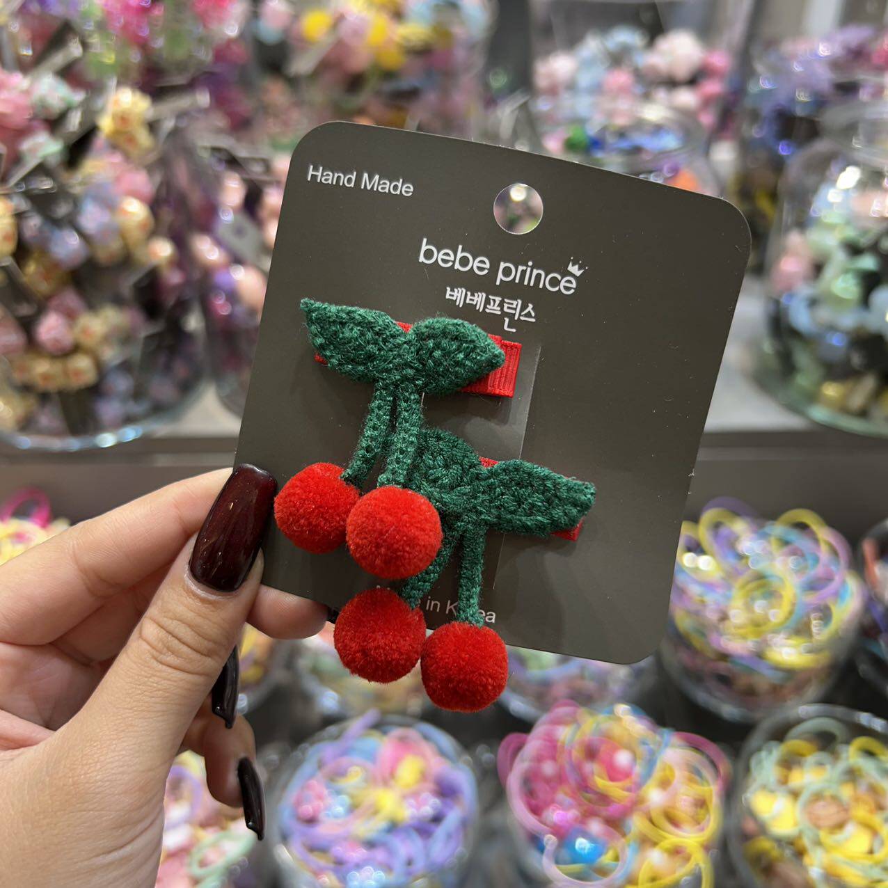 韩国bebeprince儿童发饰秋冬针织樱桃鸭嘴夹对夹发夹