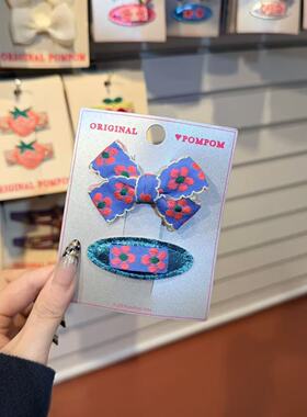 3.4韩国pom新款2026儿童彩色花花刺绣蝴蝶结边夹发夹