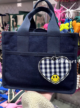 韩国饰品buddykids新款格纹爱心笑脸蓝色通勤帆布包包大容量