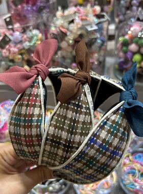 韩国bebeprince儿童发饰拼色格子布宽边兔耳朵蝴蝶结发箍