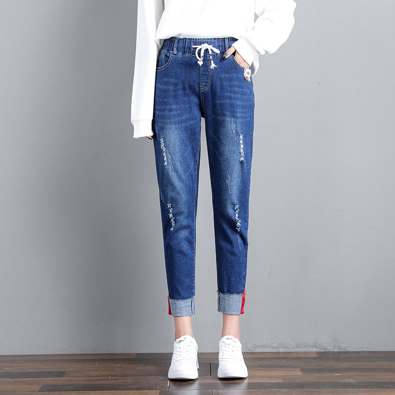 松紧腰弹力宽松显瘦大码磨破牛仔裤女哈伦裤老爹萝卜裤2025新春款
