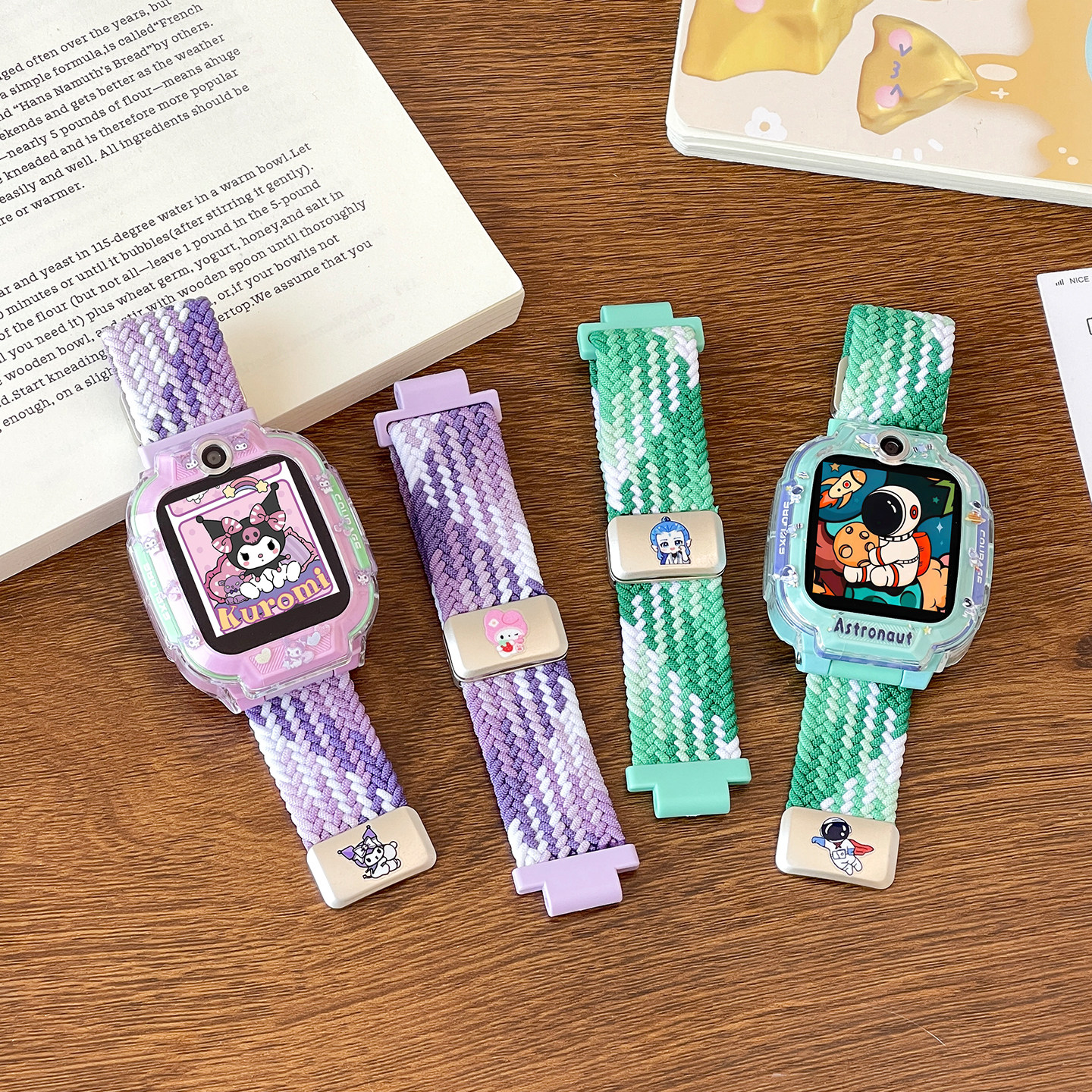 适用小天才儿童电话手表U5/Q3弹力编织金属磁吸扣卡通腕带W2406AC非原装替换腕带可调款卡通保护壳配件