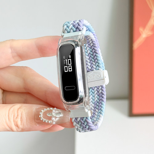 适用华为手环3E/4e表带荣耀band4R/5B篮球活力版尼龙编织弹力磁吸扣替换腕带AW70手环腕带夏季运动透气表链