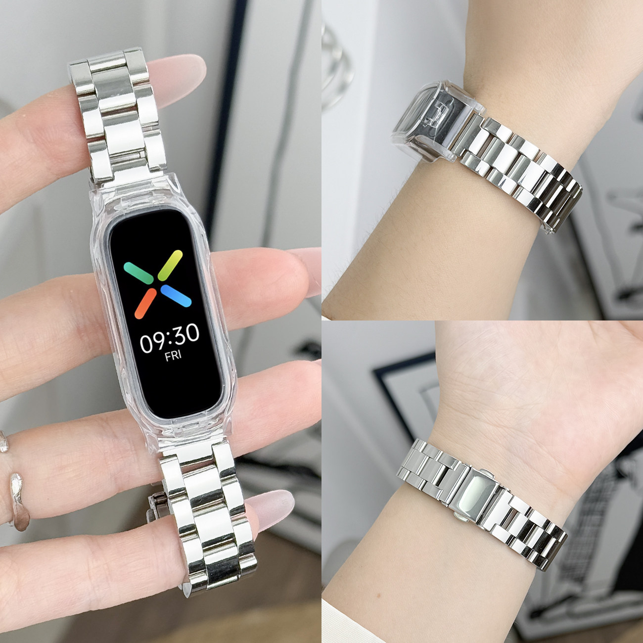 适用于OPPO手环表带金属不锈钢三株钢带智能运动oppo band柯南版时尚活力eva限定版男女生时尚商务腕带配件