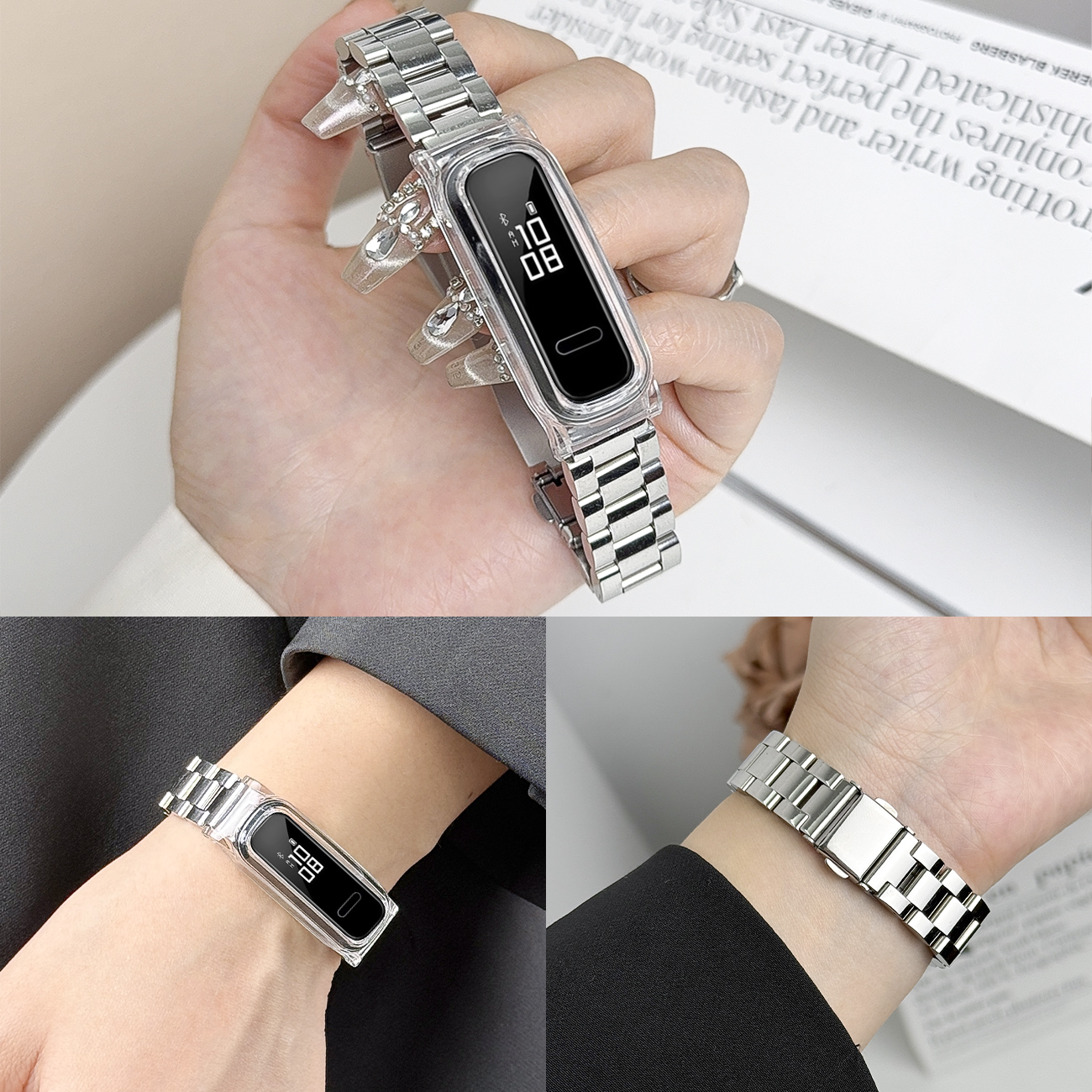 适用华为手环3E/4e跑步精灵表带智能运动band4e active/AW70金属三株精钢商务替换带荣耀4Running/5篮球版链