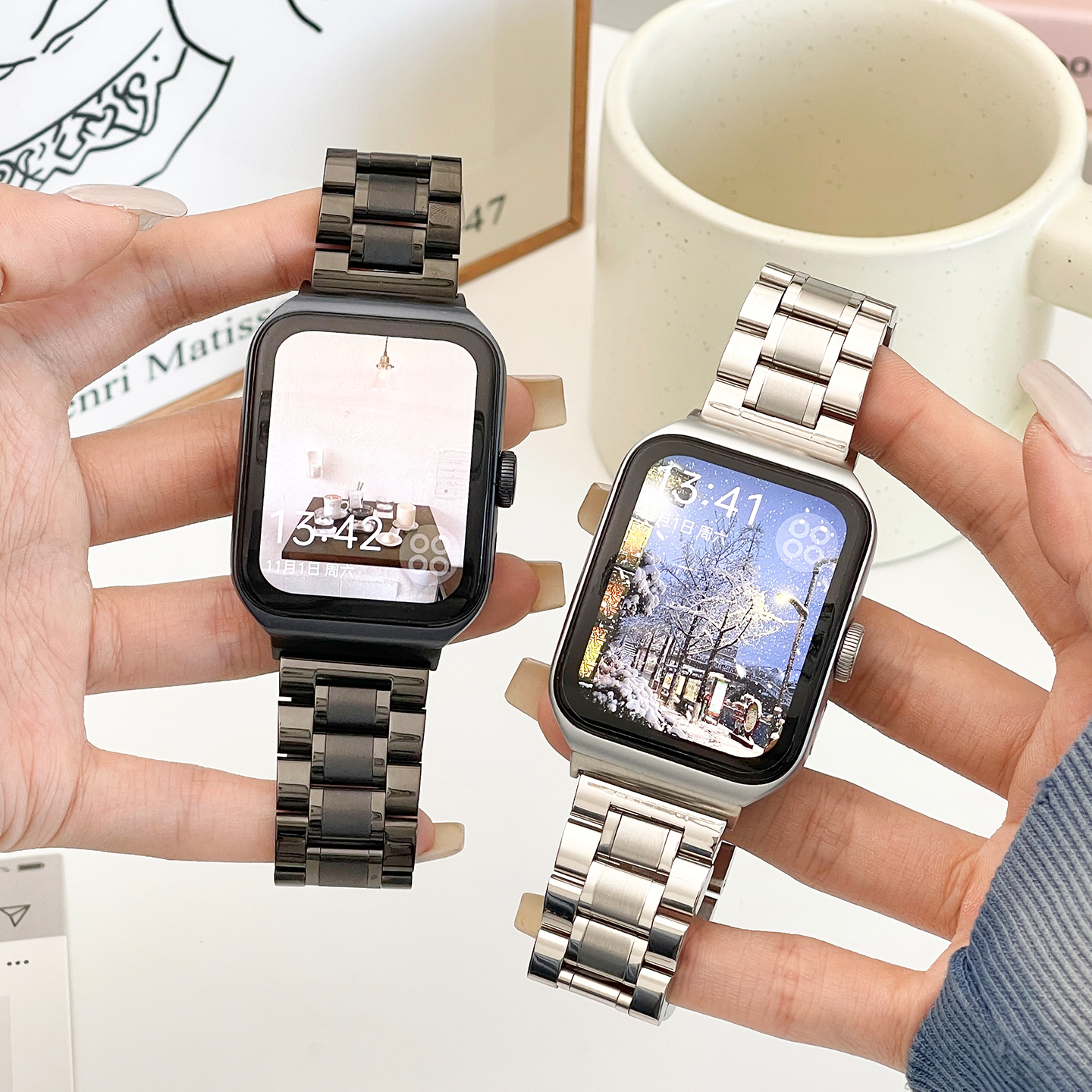 适用oppowatch手表金属五株款实心精钢表带oppo watch1代/2代46mm透气男士商务手表链OW20W2/ow19w2腕带配件