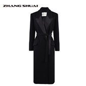 ZHANG 黑色大衣女款 SHUAI新款 拼接领系带百搭绵羊毛纯色长款