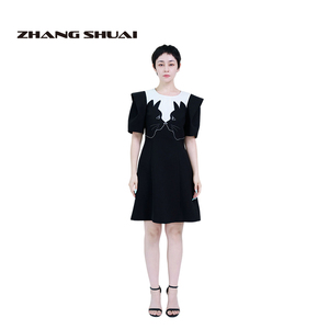 ZHANGSHUAI张帅优雅版型赫本风拼接撞色少女感猫脸连衣裙