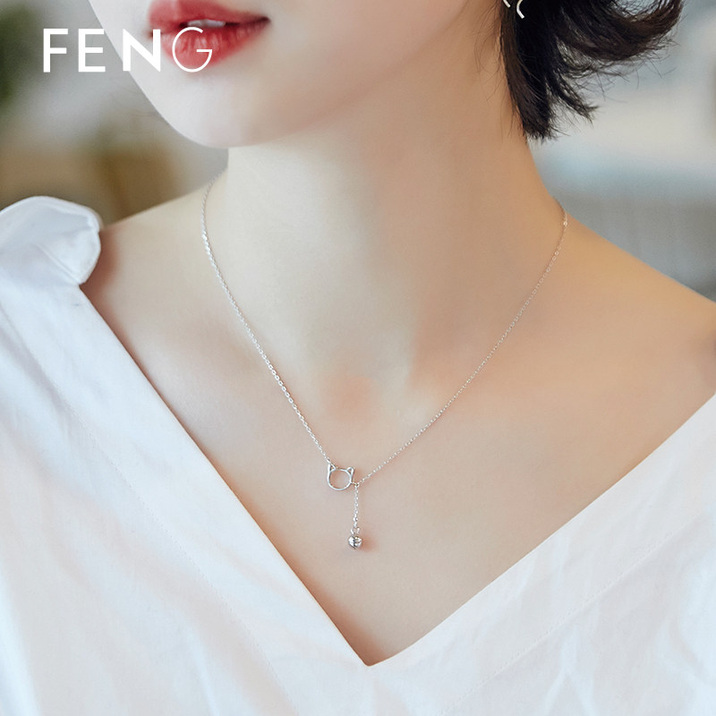 猫咪铃铛项链女s925纯银镀白金短款锁骨链抖音网红刻字