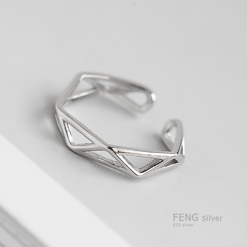 新韩版简约百搭时尚几何戒指女925纯银菱形切面开口戒活口银指环
