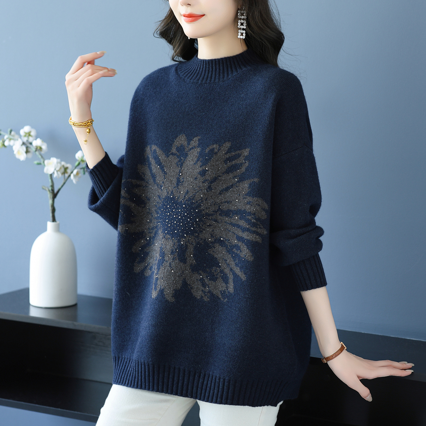 秋冬中老年半高领羊毛针织衫