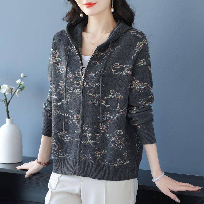 中老年女针织开衫连帽短外套