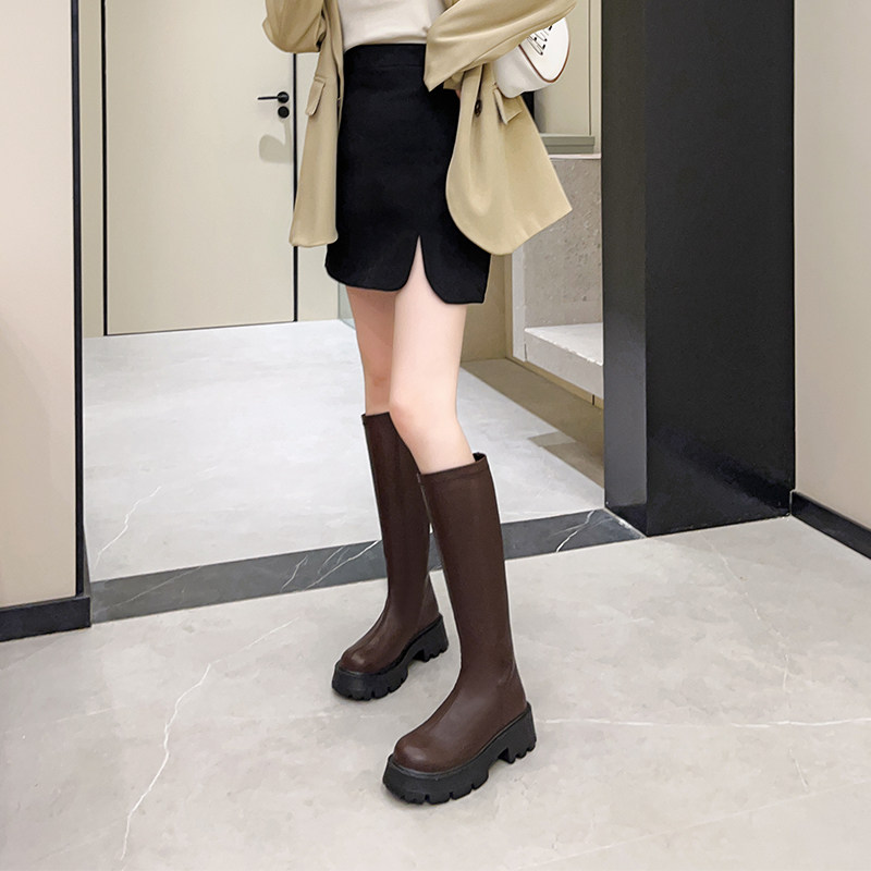 湘湘角色真皮后拉链长靴2022年秋冬新款显瘦粗跟小个子高筒骑士靴