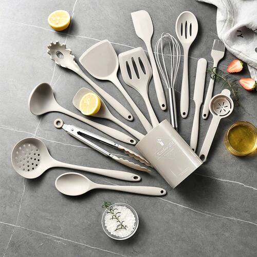 15Pcs Khaki Food Grade Silicone Kitchen Cookware Utensils Tu