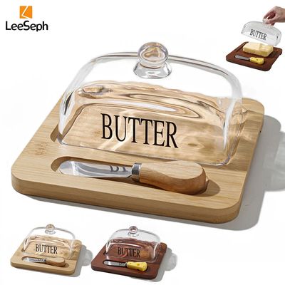 Leeseph Bamboo Butter Dish with Glass Lid and Cutter, Reusab
