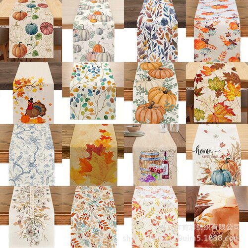 Autumn Table Runner, Halloween Pumpkin And Chrysanthemum Des