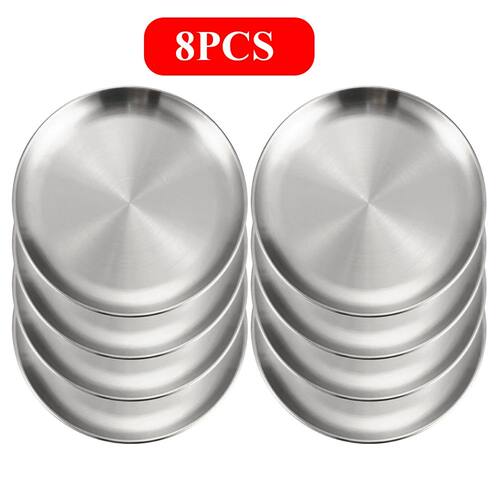 8PC Metal Dining Dish Stainless Steel Round Plate Shallow Tr
