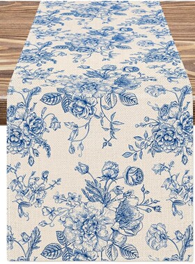Chinoiserie Blue Flower Linen Table Runner Dresser Scarf Dec
