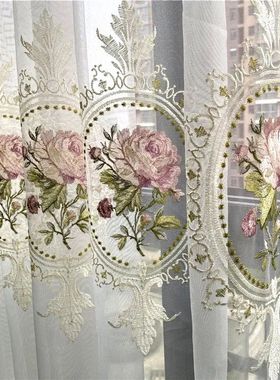 American Luxury Peony Embroidery Tulle Curtain For Living Ro