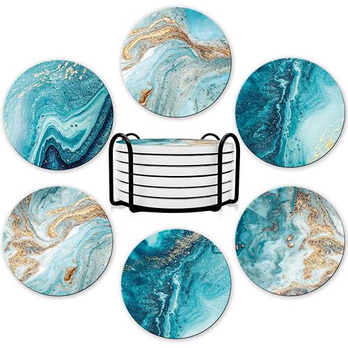 6Pcs Beverage Coaster Set with Bracket, Marble Style, Cerami