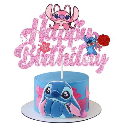 Disney Stitch Angel Cake Topper Glitter Pink Happy Birthday