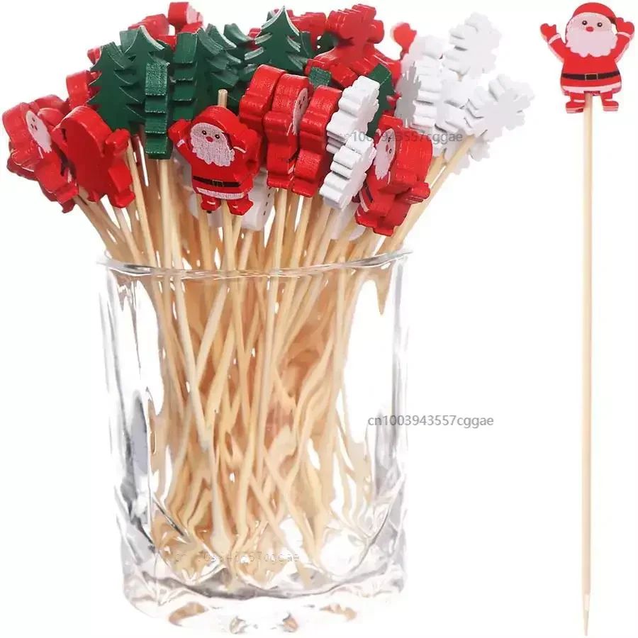50/100Pcs Christmas Bamboo Skewer Cocktail Picks Cupcake Top