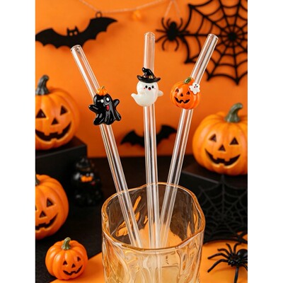 3PCS Halloween Glass Straw Pumpkin Ghost Witch Ornament, Sty
