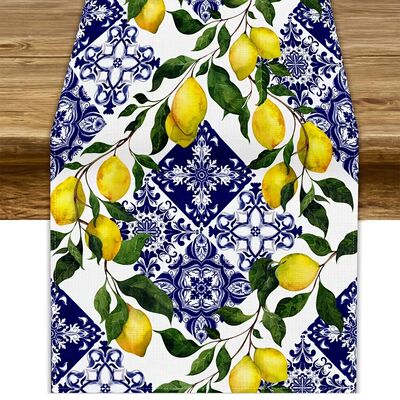 Blue Tile Lemon Linen Table Runner for Dresser Scarf Decor R