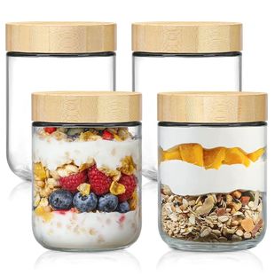 4pack Glass jars with Airtight Lid 16oz Over Night Oats Cont