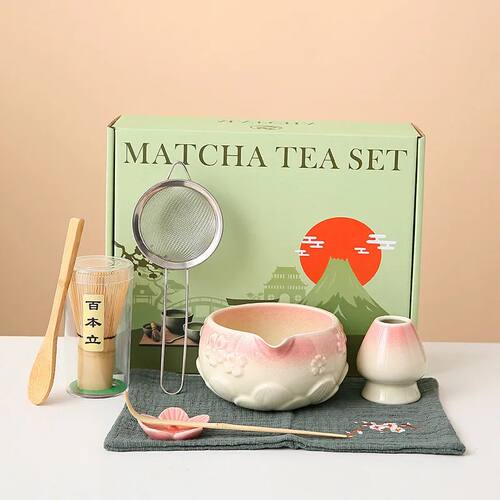 8pcs Cherry Blossom White Matcha Bowl with Matcha Whisk Set,