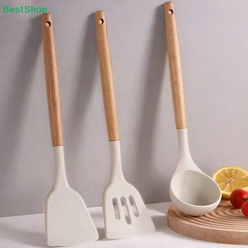 ?Silicone Kitchen Utensil Set with Wooden Handles - Heat Res