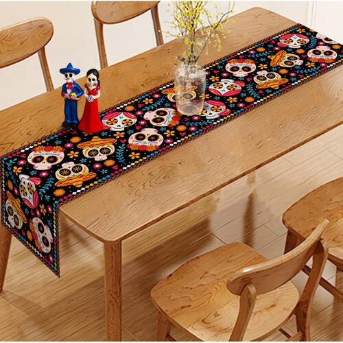 Day Of The Dead Table Runner Flower Skull Print Tablecloth H