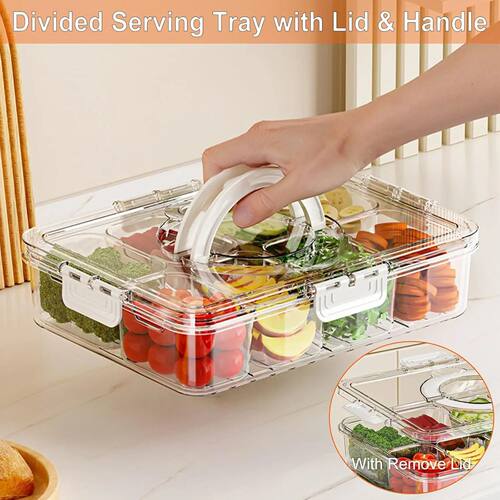 Veggie Tray with Lid and Handle, Divided Serving Tray, Snack