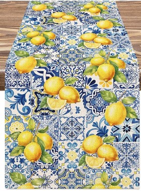 Summer Lemon Tiles Linen Table Runner Holiday Party Decor Re