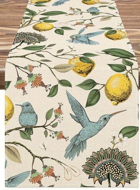 Blue Bird Lemon Tree Printed Linen Table Runners Summer Fall