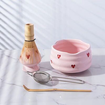 5pcs Pink Heart Decal Ceramic Matcha Set, Cute Matcha Set In