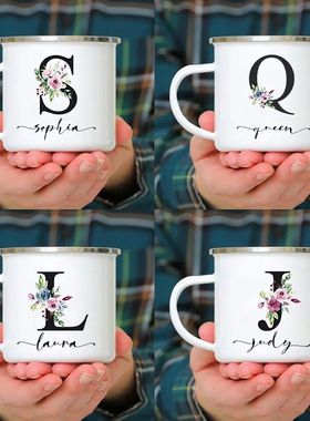 26 Initials Black Letter Purple Flower Print Enamel Mug Crea