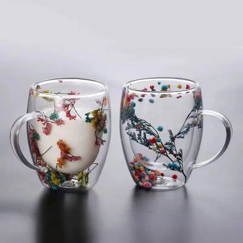 2Pcs Double Wall Glass Coffee Mug with Handles Clear Milk Cu