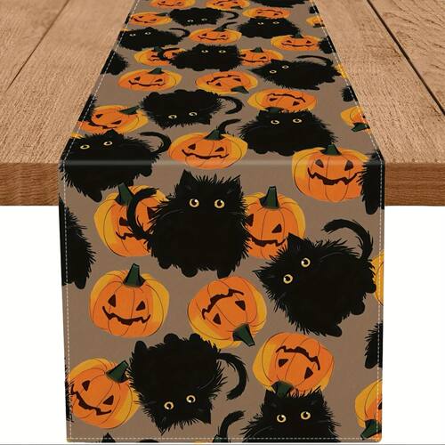 1 Halloween-Themed Table Runner Decorated with Black Cat and