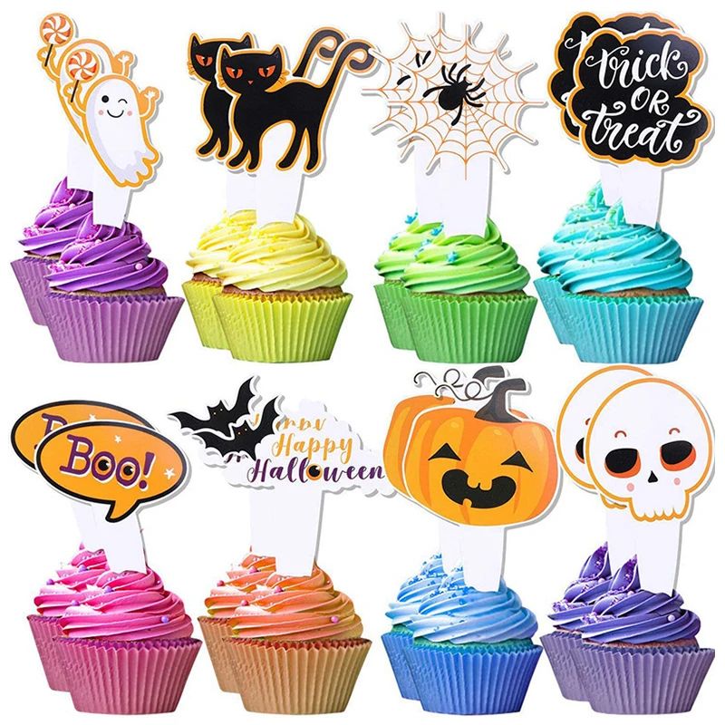 16/48pcs Halloween Cupcake Toppers Cartoon Pumpkin Ghost Bat