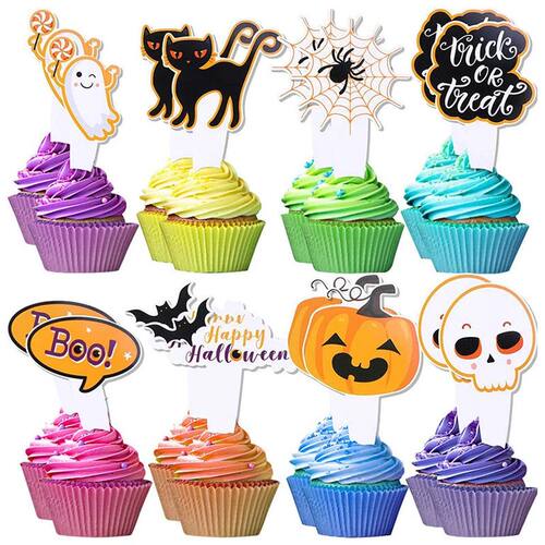 16/48pcs Halloween Cupcake Toppers Cartoon Pumpkin Ghost Bat